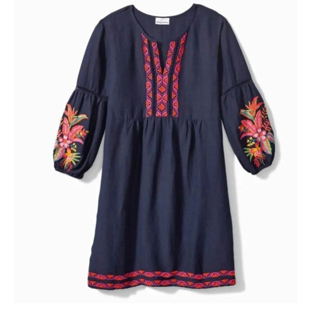 Tommy Bahama Sz S Navy Blue Embroidered Linen Blend Tunic Dress Boho 3/4 Sleeve